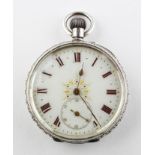An open face pocket watch. Circular white dial with bronze roman numerals and gold embellishments.