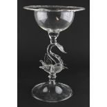 A Venetian glass comport, 20th century, the hemispherical bowl on a dolphin stem and domed foot,