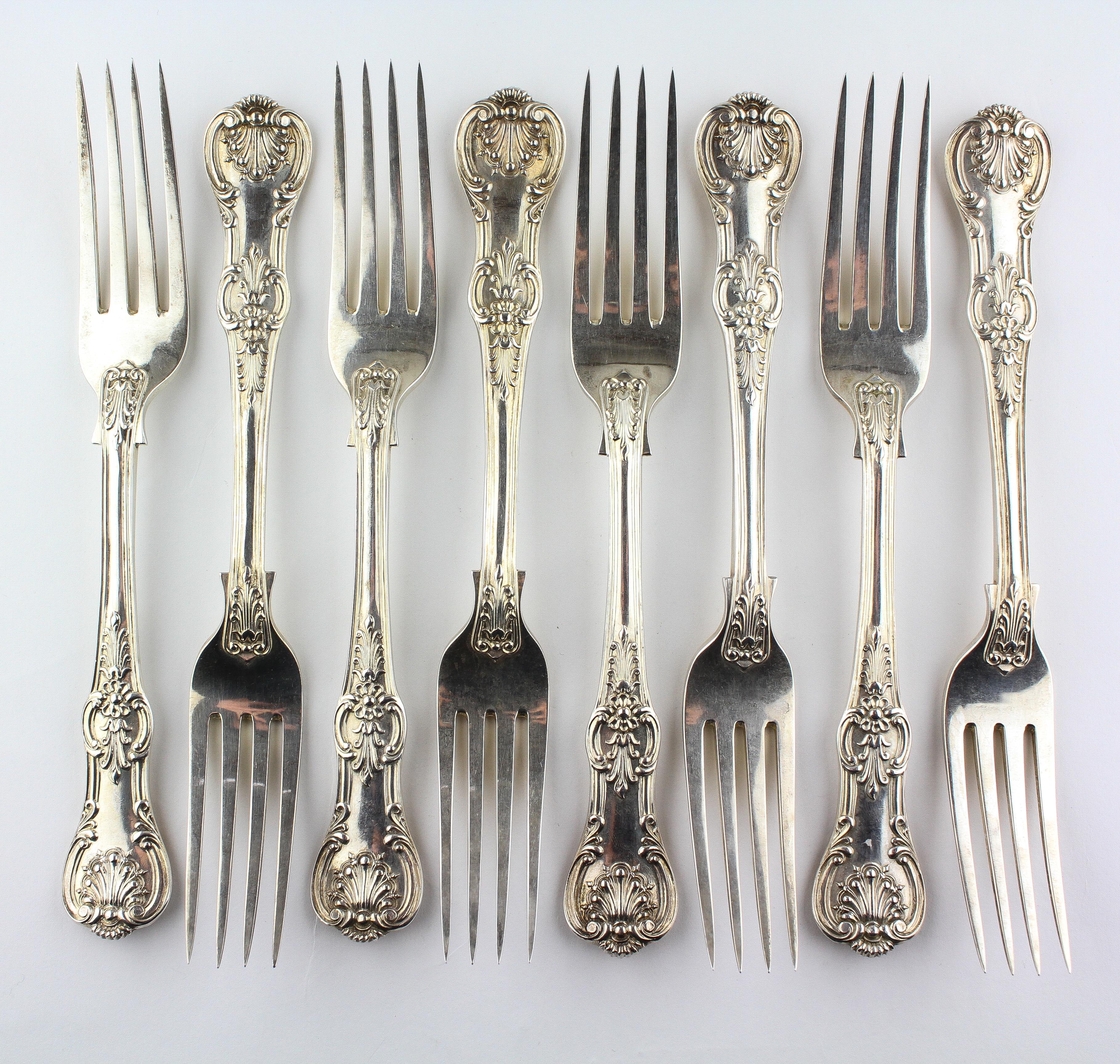 A set of eight early Victorian silver table forks, Queens pattern, each hall marked London 1853,