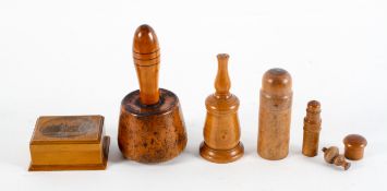 A collection of Treen, to include a mallet, needle case, powder shakers and others,