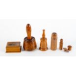 A collection of Treen, to include a mallet, needle case, powder shakers and others,