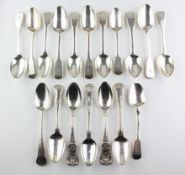 A collection of assorted silver teaspoons, mostly Georgian and Victorian examples,