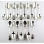A collection of assorted silver teaspoons, mostly Georgian and Victorian examples,