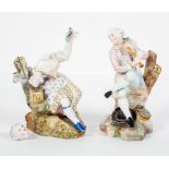 A pair of Meissen style figures, he with a wind instrument, she with a bird and cage,