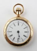 A yellow metal open face pocket watch. Circular white dial with roman numerals.