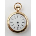 A yellow metal open face pocket watch. Circular white dial with roman numerals.