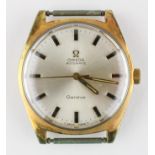 A gold plated Omega automatic wristwatch. Circular 34.0mm dial; silver with baton markings.