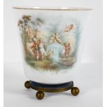 A French milk glass jardiniere, 19th century, painted with figures and cherubs in a romantic garden,