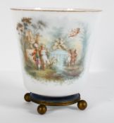 A French milk glass jardiniere, 19th century, painted with figures and cherubs in a romantic garden,