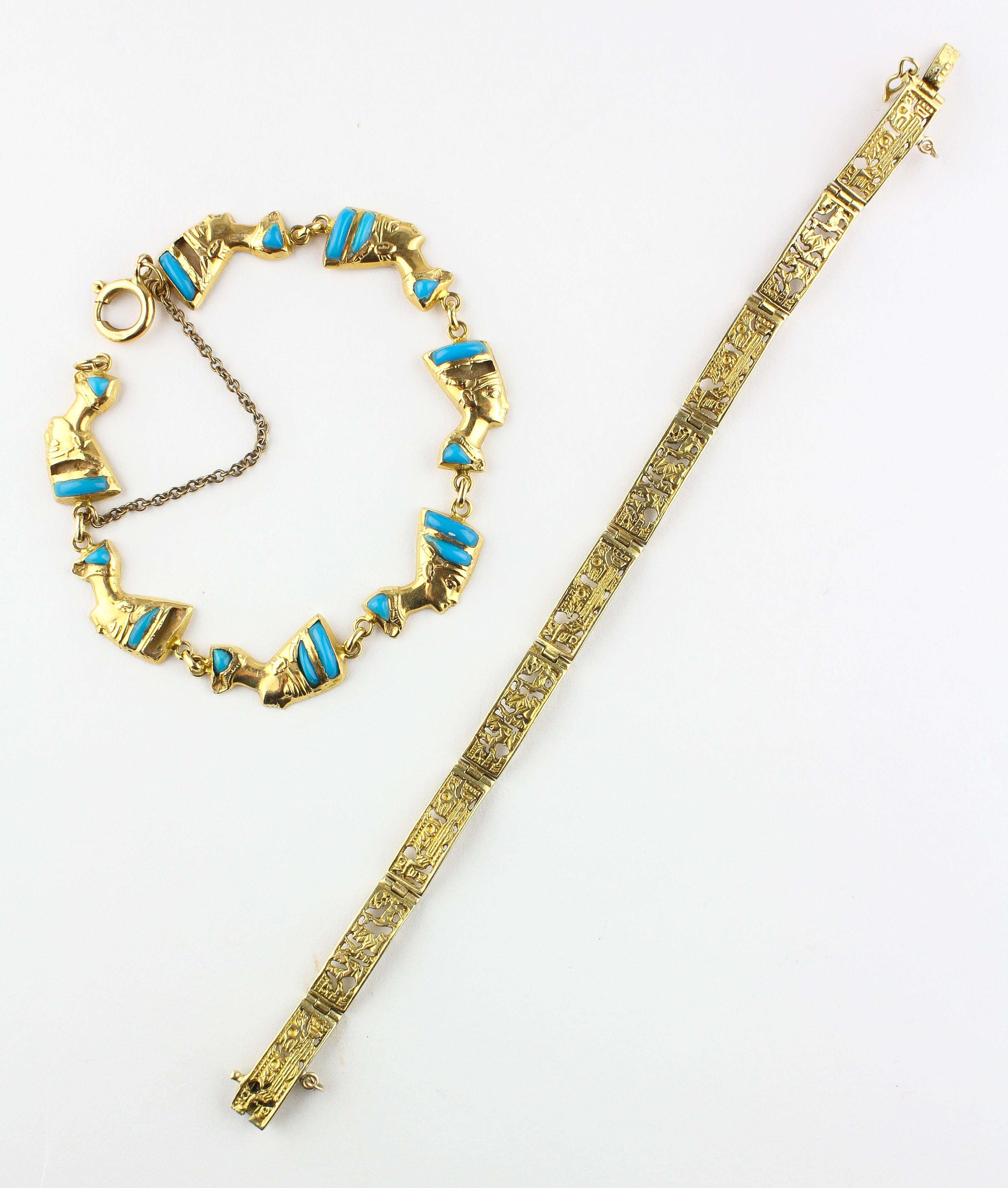 A yellow metal bracelet stylized as linked sections designed as Nefertiti and set with commercial - Image 2 of 3