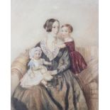 19th century School, Mother and two children, watercolour,