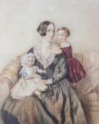 19th century School, Mother and two children, watercolour,