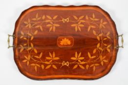 A 19th century mahogany and inlaid tray, of oval form,