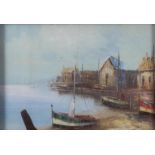 20th century School, Fishing Boats in a harbour, oil on canvas, indistinctly signed lower right,