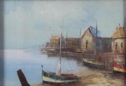 20th century School, Fishing Boats in a harbour, oil on canvas, indistinctly signed lower right,