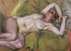 Ken Symonds (British) (1927 - 2010) 'Nude On Green', pastel, signed lower right,