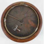 A circular wall clock, the 12" dial on a brass single fusee movement, in a mahogany frame,