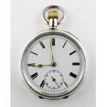 An open face pocket watch. Circular white dial with roman numerals.