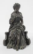 19th century school, A classical maiden sat on a chair holding a flower, brown patinated bronze,