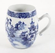A Chinese blue and white tankard, painted with a lake scene beneath a ruyi border,