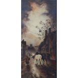 A Village Street scene with two heavy horses, oil on canvas, initialled RH lower right,