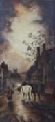 A Village Street scene with two heavy horses, oil on canvas, initialled RH lower right,