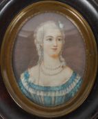 19th century Miniature school, Portrait of a young lady wearing pearl necklaces, possibly on ivory,