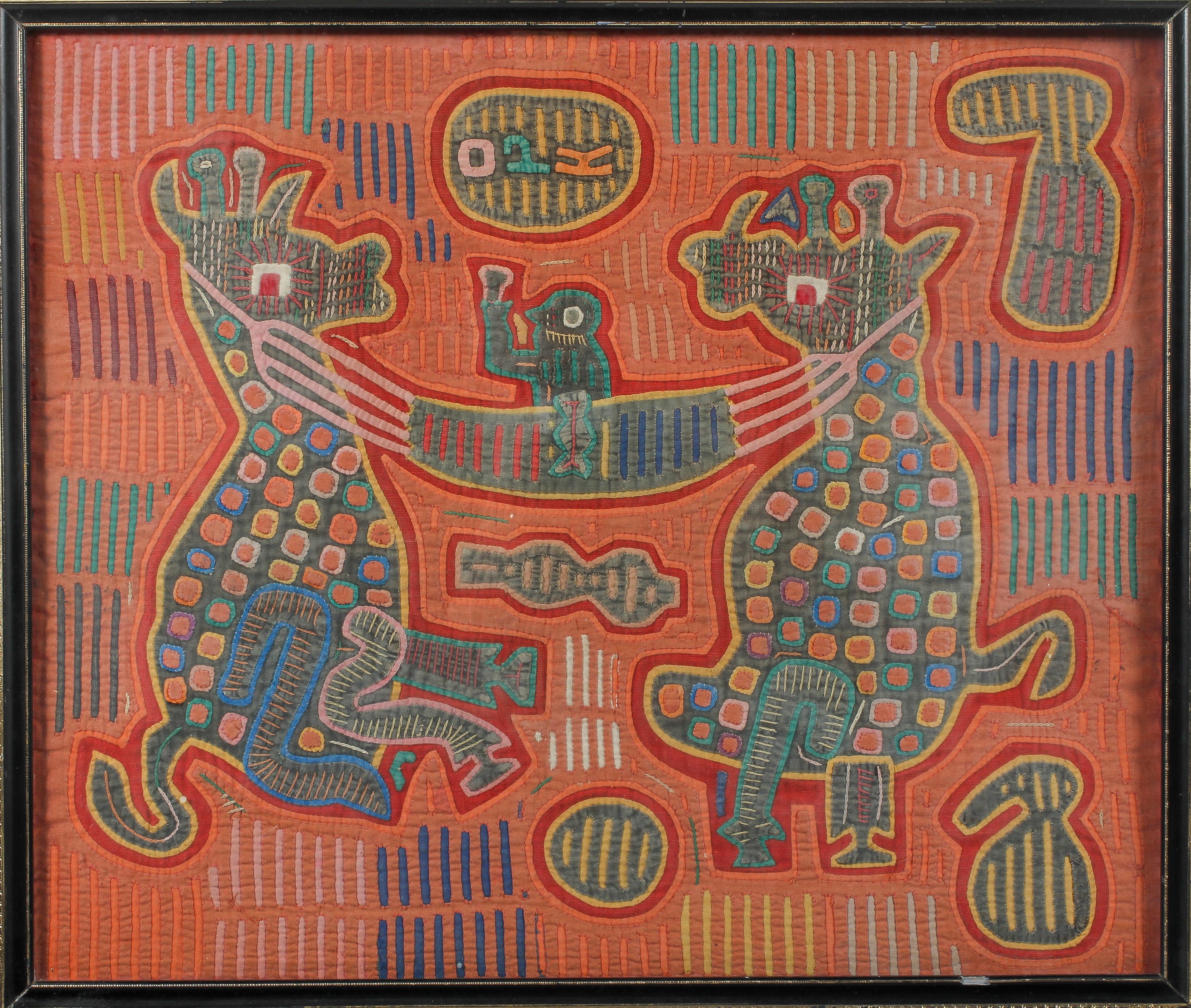 A San Blas Mola of two beasts holding a human figure, - Image 2 of 3