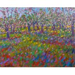 Paul Stephens, 'Apple Blossom', oil on board, depicting an orchard near Glastonbury,