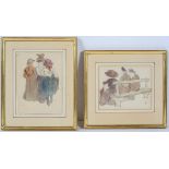 Lucien Starck, Figures in the park, and Figures on as bench, pair, watercolours, initialled in red,