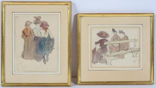 Lucien Starck, Figures in the park, and Figures on as bench, pair, watercolours, initialled in red,