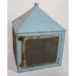 Folk Art : A blue painted chicken coop, of square form, the pyramidal roof with a turned finial,