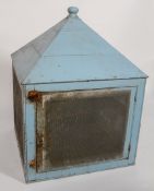 Folk Art : A blue painted chicken coop, of square form, the pyramidal roof with a turned finial,