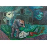 Possibly Mike Nuth, Stooped man with a cat outside a cottage, oil on canvas,