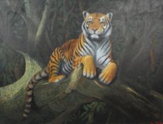R Evans, Tiger on a branch, acrylic on canvas, signed and dated 1989 lower right,