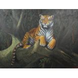 R Evans, Tiger on a branch, acrylic on canvas, signed and dated 1989 lower right,