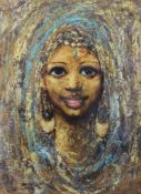 Middle Eastern school, Portrait of a young Arabic lady, mixed media,