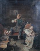 Nils Bergslien, A boy playing an accordion, a baby crying, oil on canvas, signed lower left,