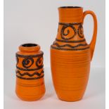 Two 1960's West German pottery vintage vases, both in an orange and fat lava glaze,