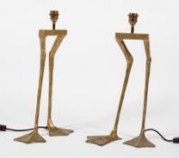 A pair or contemporary lamp bases in the form of flamingo legs, being cast and gilt,