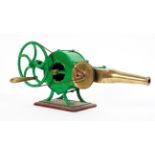 A set of mechanical bellows, the green painted body with brass handle and spout,