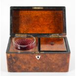 A George III burr walnut tea caddy, with a single canister and glass mixing bowl,