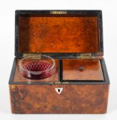 A George III burr walnut tea caddy, with a single canister and glass mixing bowl,