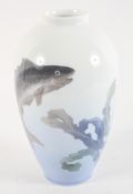 A Royal Copenhagen vase, of slender shouldered form, decorated with a fish and sea weed,