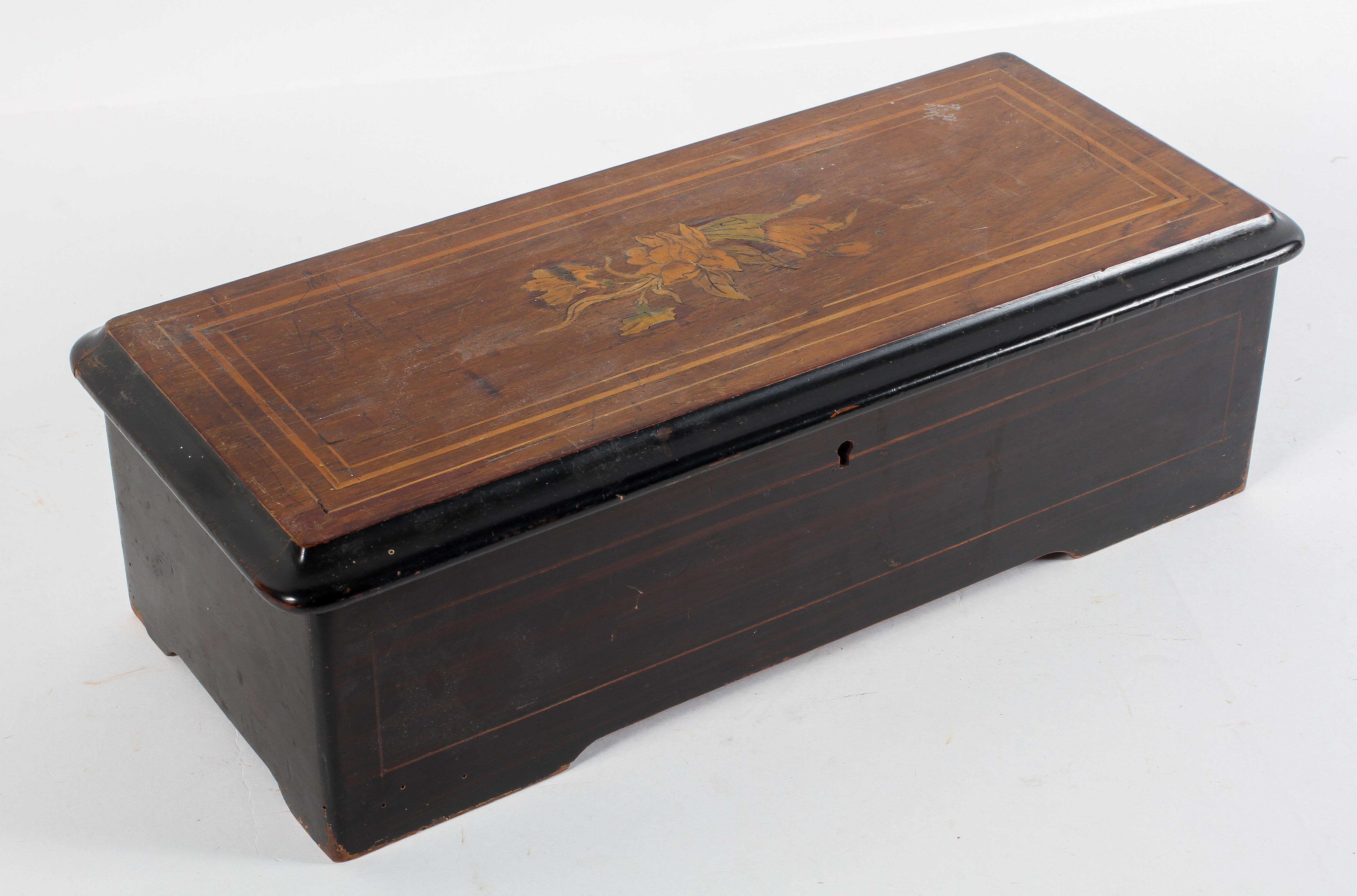 A Swiss music box, with a single cylinder, the case with inlaid floral decoration, - Image 3 of 4