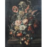 After Rachel Ruysch, Still Life of flowers, a lacquered print in a Flemish moulded frame,