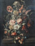 After Rachel Ruysch, Still Life of flowers, a lacquered print in a Flemish moulded frame,