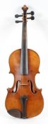 An early 20th century violin, with two piece back, length of back 37cm, together with bow,