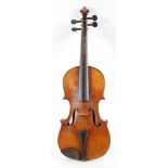 An early 20th century violin, with two piece back, length of back 37cm, together with bow,