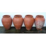 A set of four terracotta olive jar shaped jardiniere, with rope twist neck,